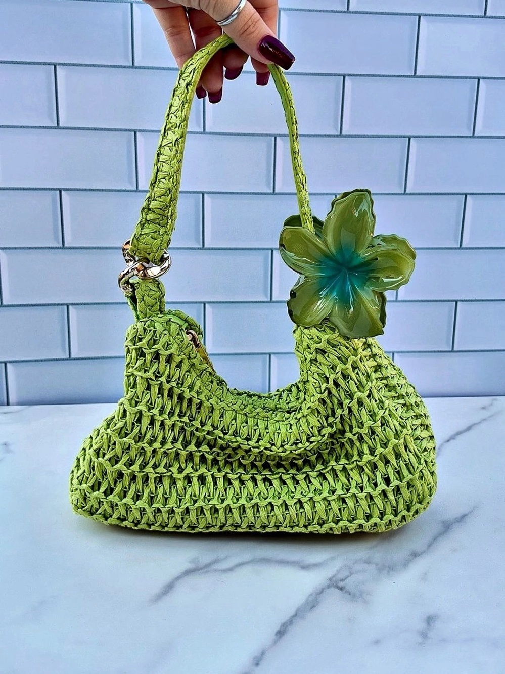 Green Crochet Flower Shoulder Bag Like New
